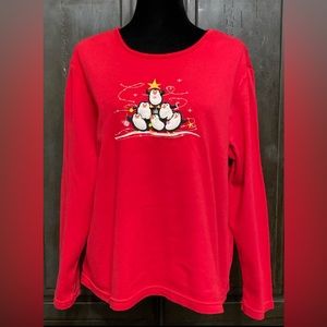 White Stage Red Longsleeves T-Shirt  Christmas embroidered penguins -Size XL